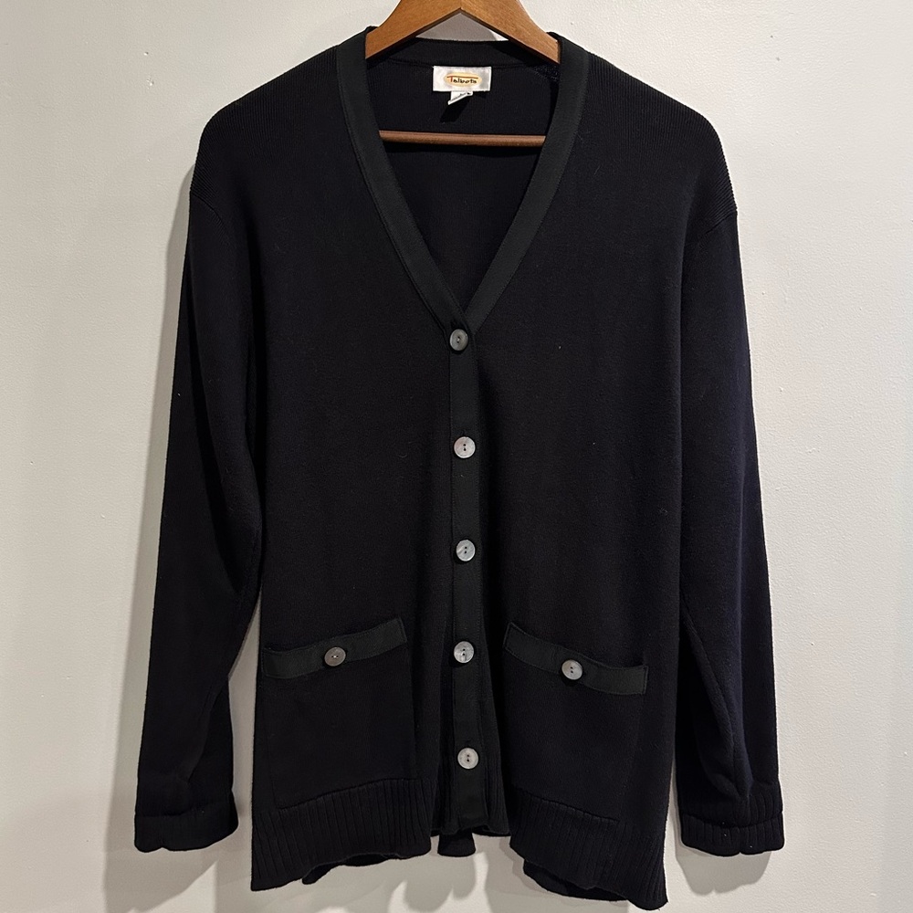 TALBOTS Vintage 100% Cotton Black Long Lined‎ Cardigan Size L